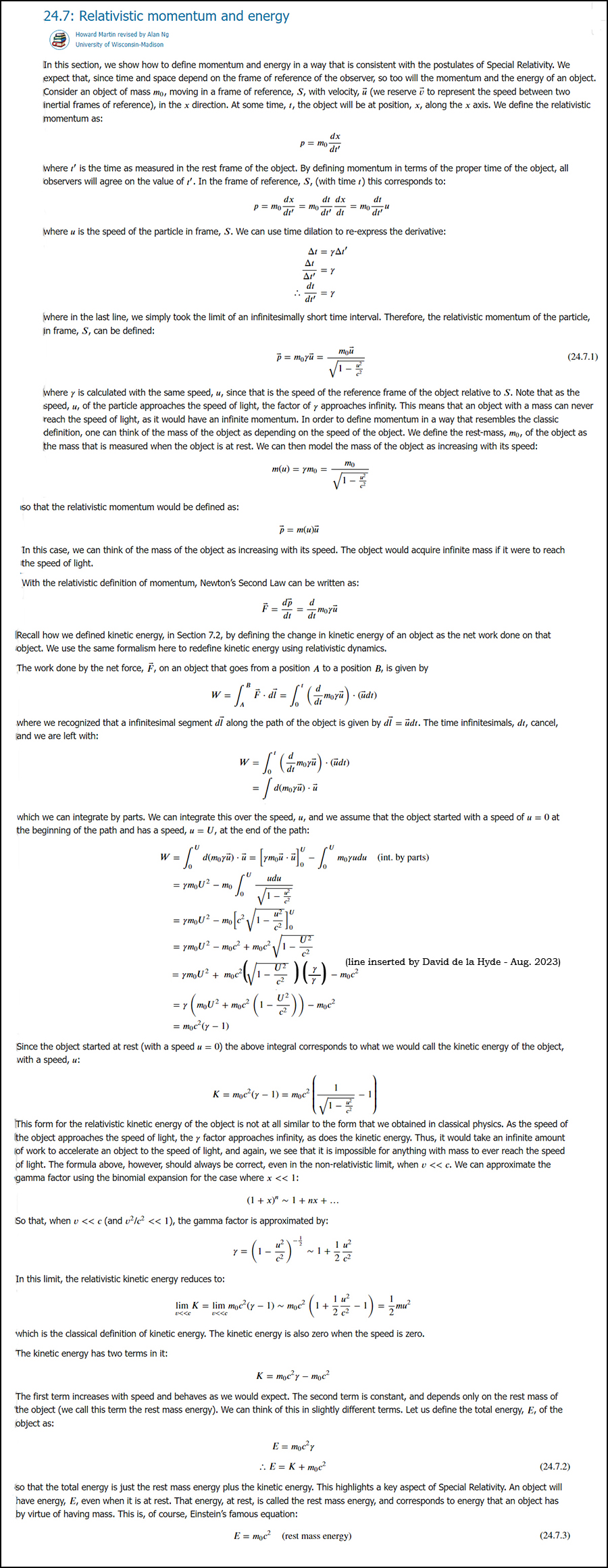 Derivation of E=MC2