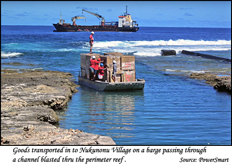 Goods transported by barge from cargo ship to Nukunonu Village
