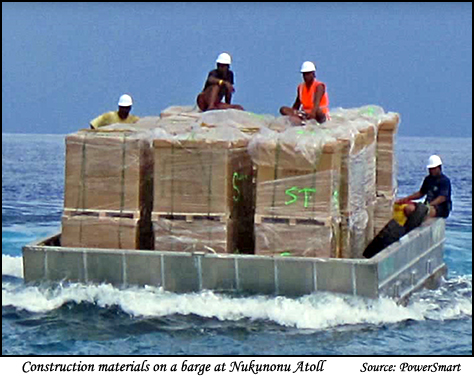 Construction goods on a barge at Nukunonu Atoll