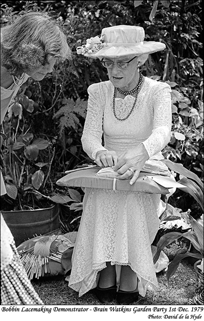 Bobbin lacemaking demonstrator - Brain Watkins Garden Party - 1st Dec. 1979