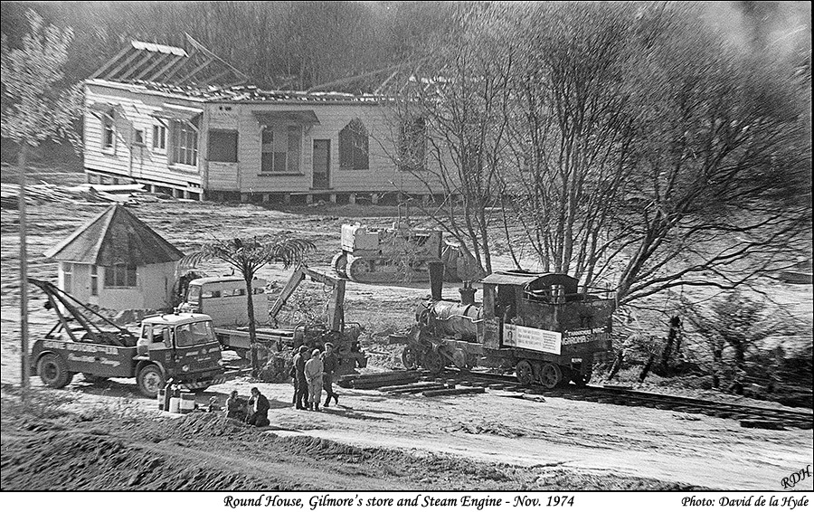 Round House, Gilmore's store and Steam Engine - Nov. 1974 - Tauranga Historic Village