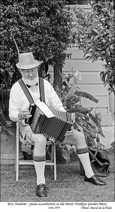A piano-accordionist at the Brain Watkins Garden Party - 1st. Dec. 1979 