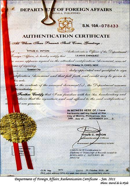 Sample of a Department of Foreign Affairs Authentication Certificate in a street stall in Manila