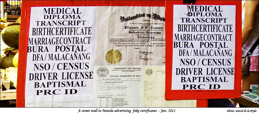 Poster advertising fake certificates in a Manila street stall