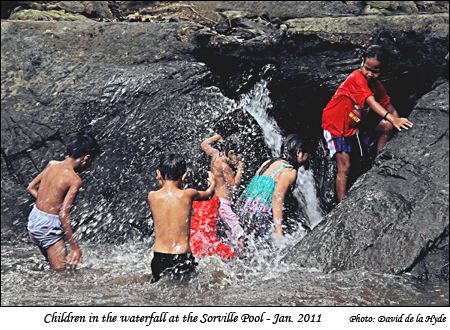 Children playing at the waterfall in Sorville swimming pool