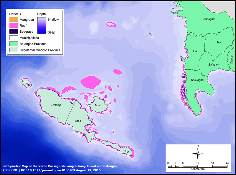 Bathymetric map of verde passage showing Lubang Island and Batangas