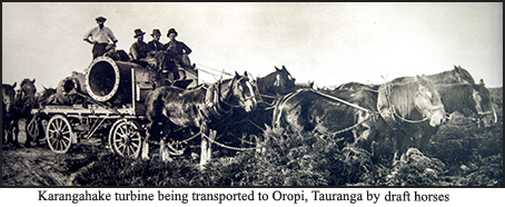 Transporting a turbine from Karangahake to Omanawa by draft horses - circa 1921