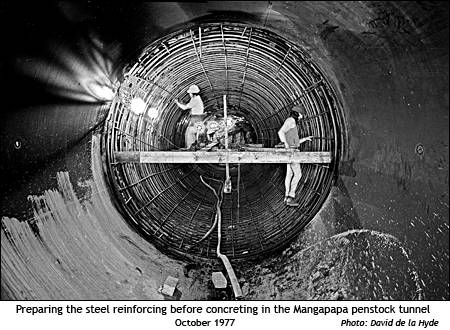 Preparing steel reinforcing in Lower Mangapapa Penstock Tunnel