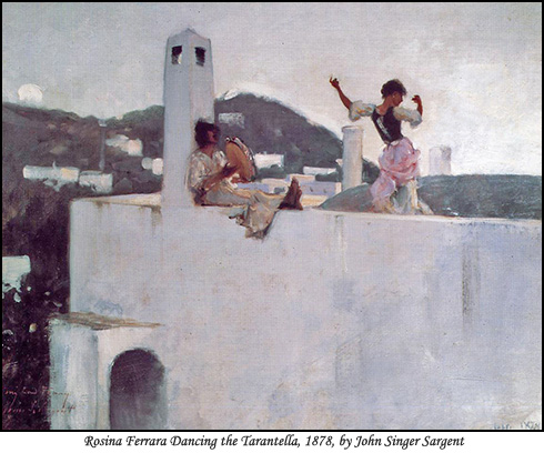 Rosina Ferrara dancing the Tarantella accompanied by a girl playing a tambourine - Capri 1878