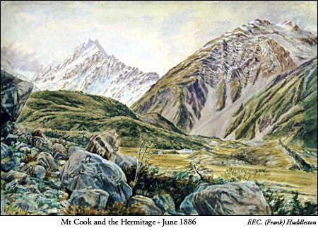 Mt Cook and the Hermitage, June 1886 - watercolor F.F.C. (Frank) Huddleston