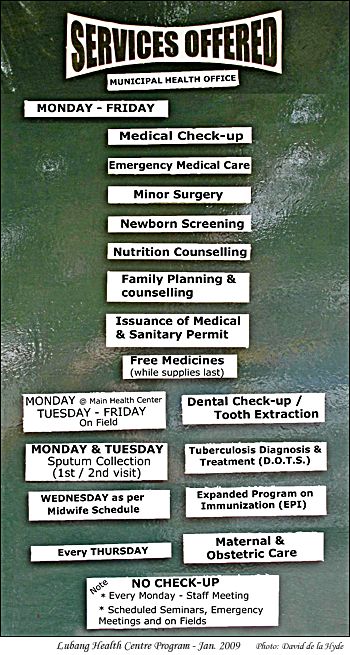 Services offered by the Lubang Municipal Health Office