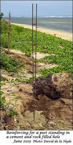 Reinforcing rods positioned in a cement and rock filled hole