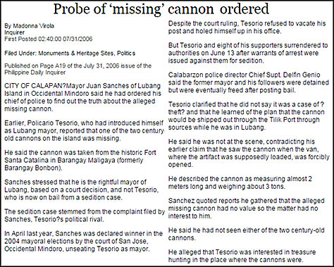 Probe on missing canon at Fort Santa Catalina