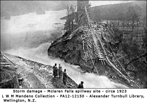 Lake Mclaren Spillway overflowing - circa 1923